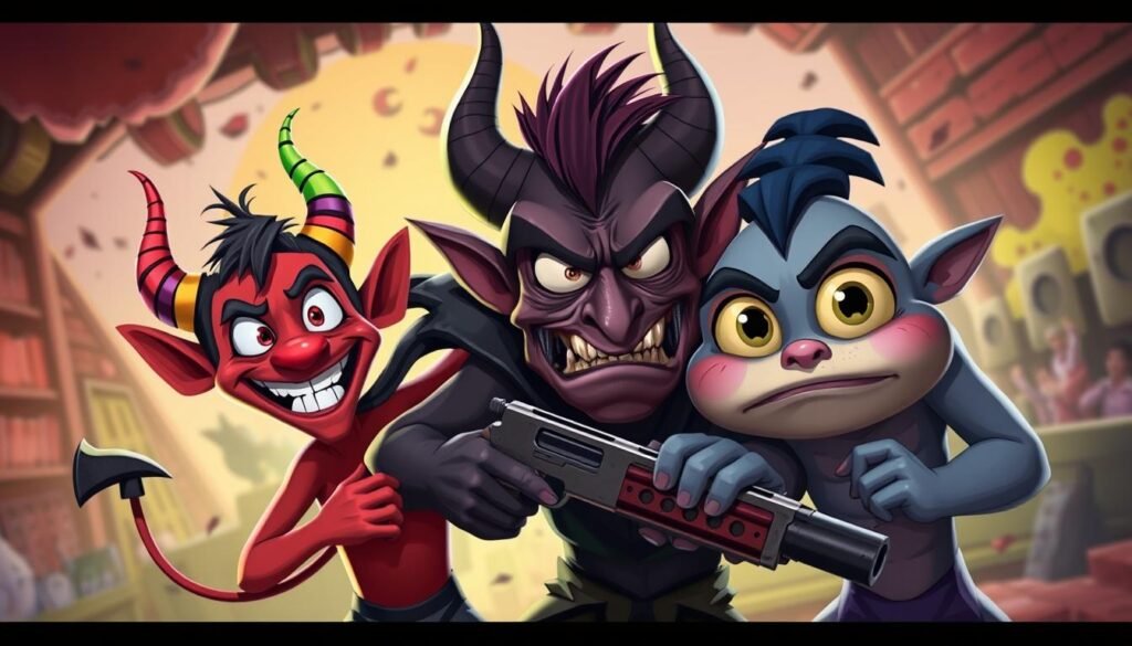 Helluva Boss characters Blitzo, Moxxie, and Millie